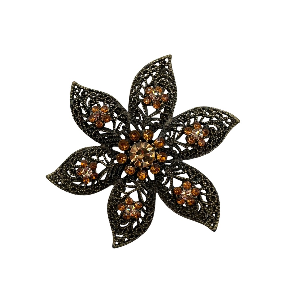 VTG Bronze Tone Filigree Flower Brooch Amber Rhinestone Floral Pin 2.5" Fall